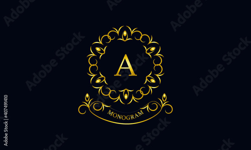 Stylish decorative monogram with a possible inscription and the letter A. Exclusive gold logo on a dark background for a cafe, a symbol of business, restaurant, hotel, invitations, menus, labels, fash