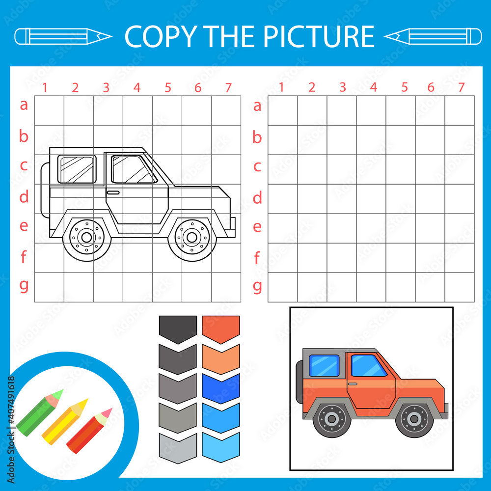 Copy the picture. Activity page for book. Draw using grid lines. Coloring  tutorial with a cartoon car SUV. Children funny education riddle  entertainment. Kids art game. Vector illustration. Stock Vector | Adobe