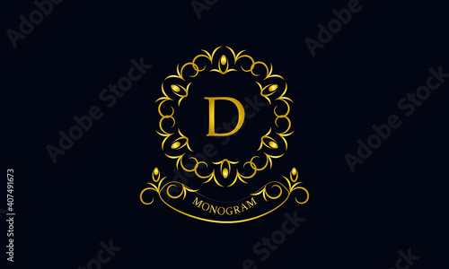 Stylish decorative monogram with a possible inscription and the letter D. Exclusive gold logo on a dark background for a cafe, a symbol of business, restaurant, hotel, invitations, menus, labels, fash