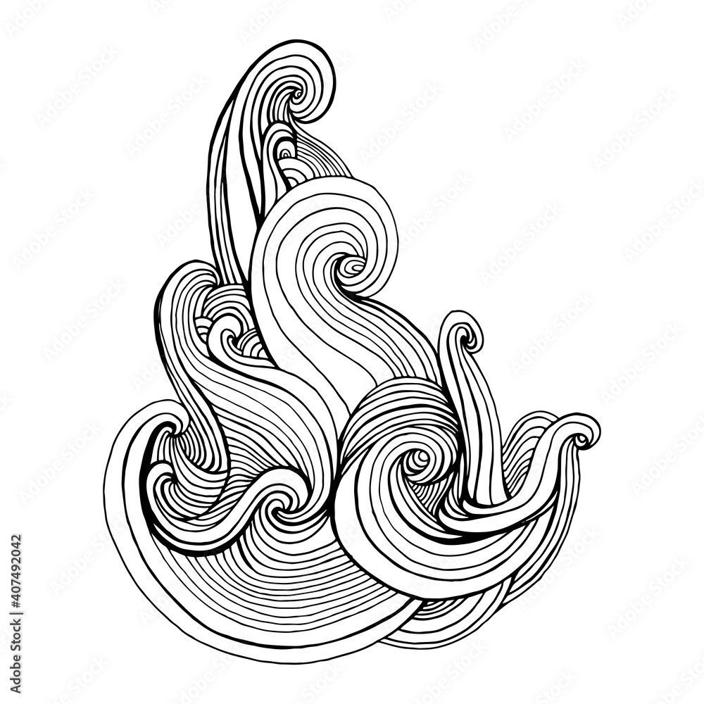 Curly waves element coloring page, isolated on white. Black lines decorative doodle style pattern.