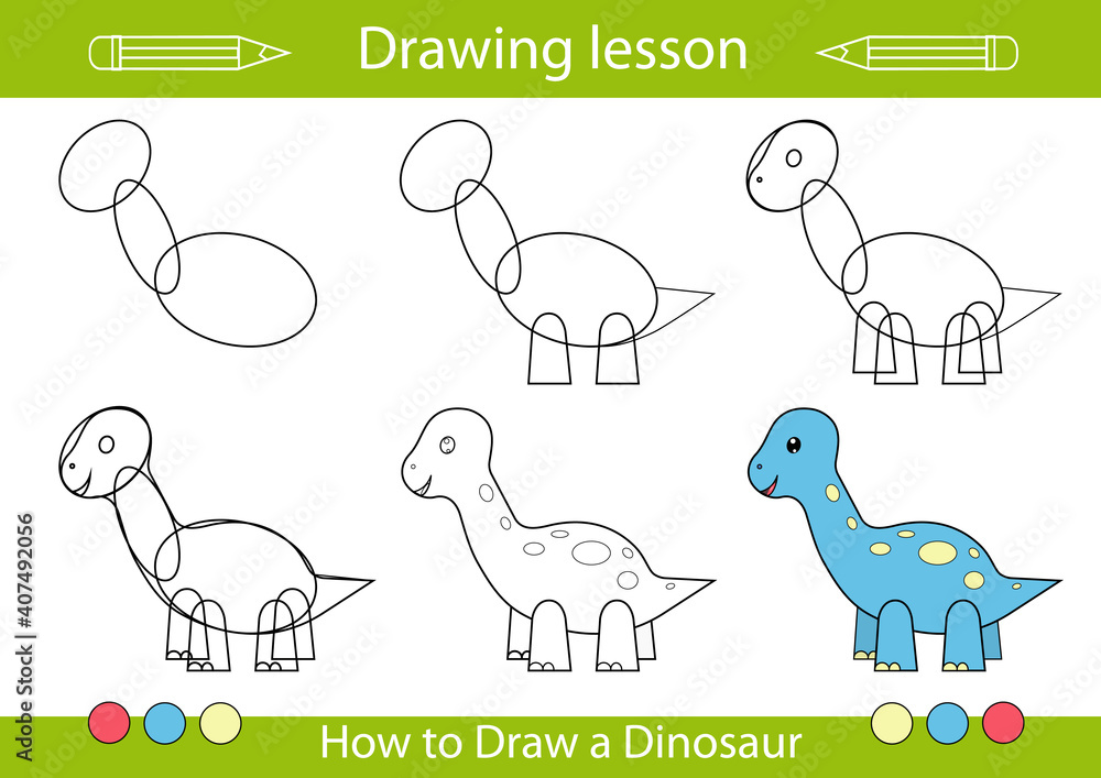 Drawing lesson for children. Tutorial drawing a cute dinosaur. Step by step  repeats the picture. Actives worksheets with cartoon animals. Kids funny  activity art page. Vector illustration. Stock Vector | Adobe Stock