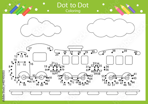 Dot to dots drawing worksheets. Coloring page for book. Drawing worksheets with a train. Children funny picture riddle. Drawing lesson. Activity art game for book. Vector illustration.