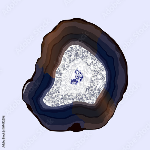 Dark-blue and brown agate gemstone slice with crystal quartz center. Vector template for card, booklet, background or post, illustration about natural texture or jewelry design
