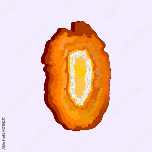 Yellow (orange, ginger) agate gemstone slice with crystal quartz center. Vector template for card, booklet, background or post, illustration about natural texture or jewelry design