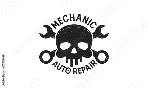 Car repair. Human skull with wrench in mouth. Design elements for poster, emblem, sign, t shirt. Vector illustration, Stock vector