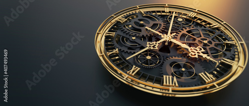 Handmade mechanical old clockwork close up in the atmosphere of the sunset. Design of my own. 3D illustration of time theme.