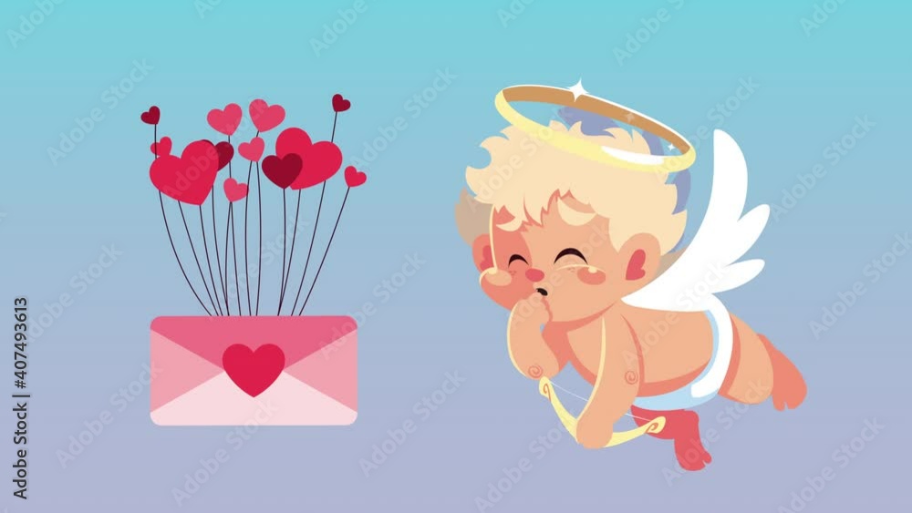 happy valentines day card with cupid angel flying and love envelope floating happy valentines day card with cupid angel flying and love envelope floating