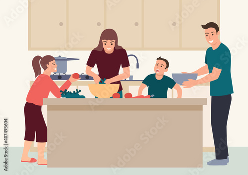 Happy family having fun cooking at home together