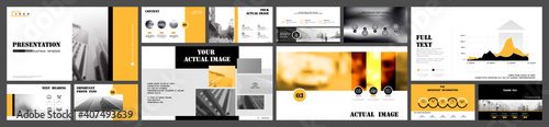 Business presentation design yellow and black infographic elements on white background.Buildings and architecture, city Vector slide presentation of business project and marketing, monitor, web design