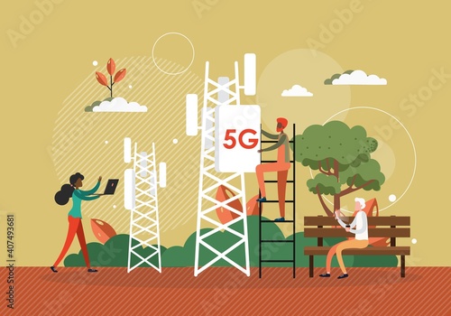 Tech worker installs 5G antenna to cellular network tower. 5G technology concept vector illustration. Fast wireless internet around city