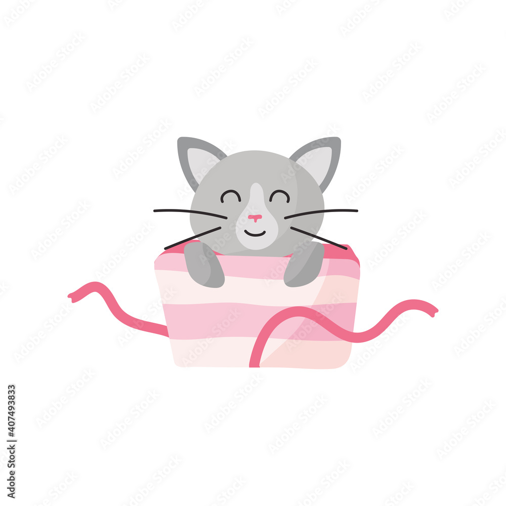 cute cat in gift box present color pink icon