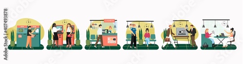 Vector set of scenes with people in bank. Public and private banking concept. Customers visit bank to make payments, withdraw money from ATM and deposit money