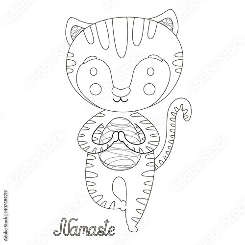 Stylish black and white cartoon smiling illustration of a tiger cub in yoga asana. Outline feline in a tree pose and calligraphic inscription Namaste. Graphic design, coloring page, or book. Vector.