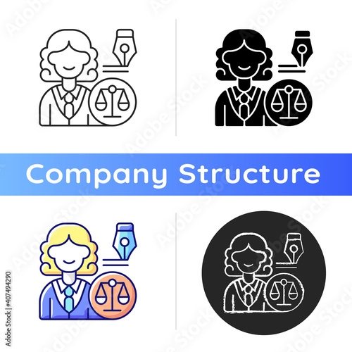 Law department icon. Dealing with legal affairs. Ensuring company legality and compliance actions. Litigation, investigation. Linear black and RGB color styles. Isolated vector illustrations