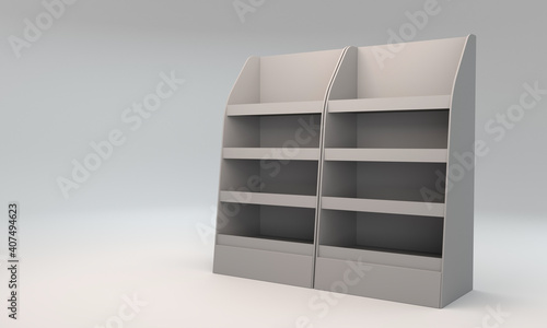 Two Empty POS Shelf Display In A Row. Advertising Stand Mock-up. 3D render