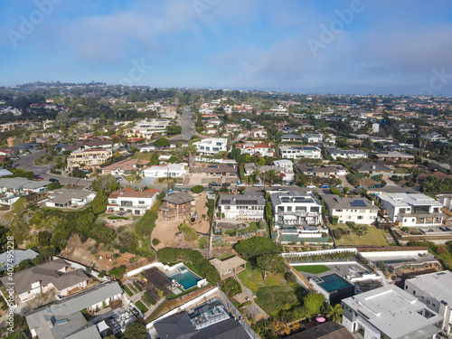 Aerial view of small valley with big mansions in La Jolla Hermosa  San Diego  California  USA