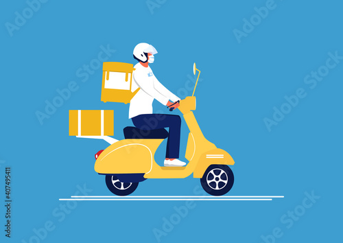 Safe delivery concept. Courier with protective mask on scooter delivering the order. New normal online order. Flat vector.