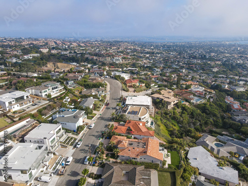 Fototapeta Naklejka Na Ścianę i Meble -  Aerial view of little town with small street and villa in La Jolla Hermosa, San Diego, California, USA
