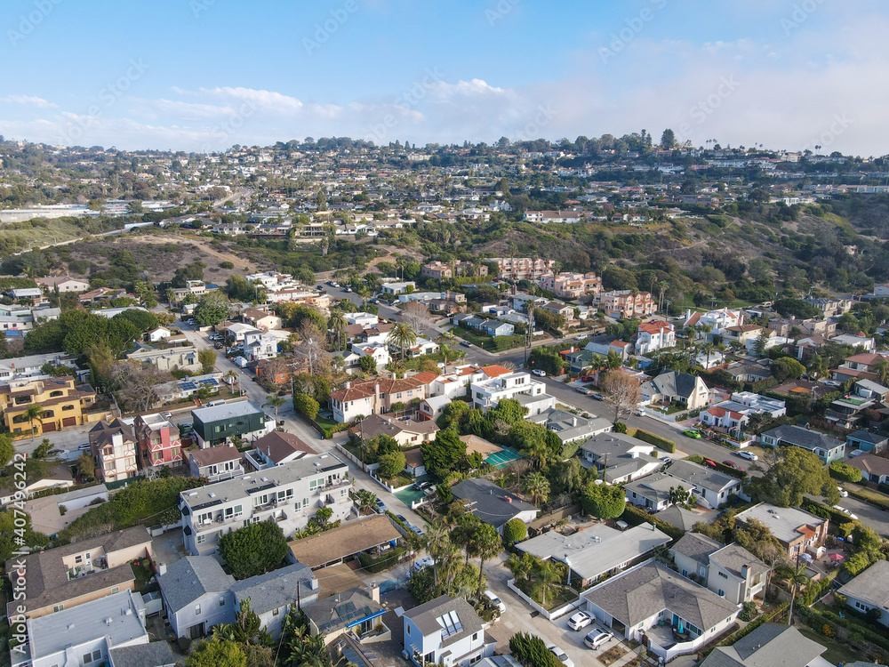 Aerial view of little town with small street and villa in La Jolla Hermosa, San Diego, California, USA