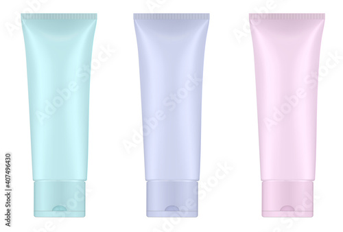 Set of light pink, violet and blue plastic tubes. Hand cream, mask or lotion. Mint, lavender or lilac gel. Professional shampoo. 3d mockup.