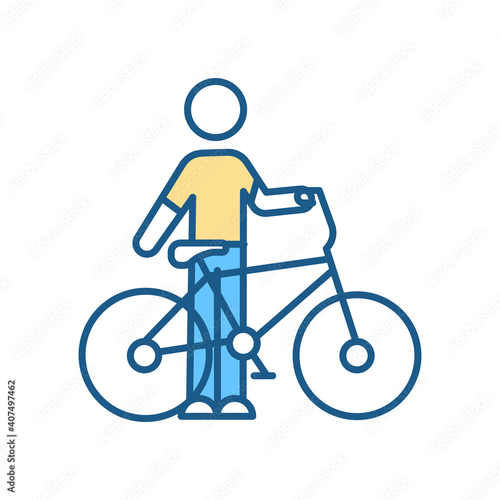 Obraz premium Bicycle riding RGB color icon. Driver with bike. Driving and cycling. Alternative transportation. Exercising and sport. Young student with vehicle. Sportive person. Isolated vector illustration