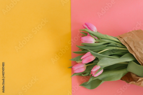 Tulips on pink and yellow for a Womens Day, Mother Day, 8 march or Valentines day. The concept of holidays and good morning wishes.