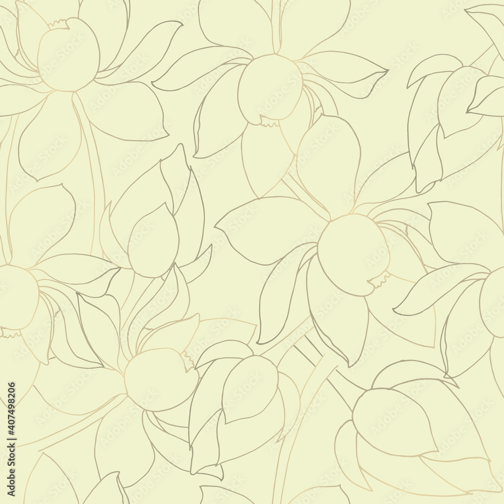 Lotus flowers with buds. Seamless background. Drawn elements with gilding. Children s texture.