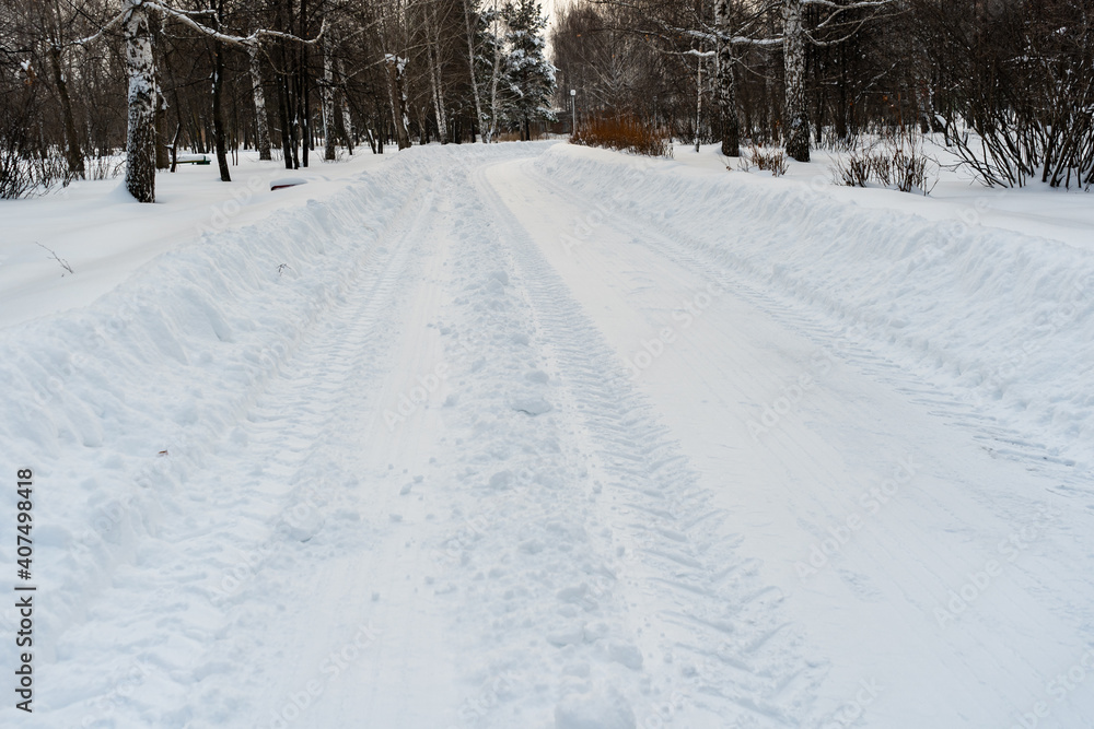 A road cleared of snow in a city park. Russia A road cleared of snow in a city park. Russia