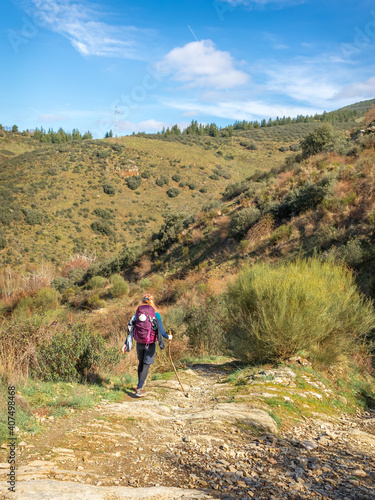 Pilgrim Girl with Hiking Gear Walking outside Molinaseca on Way of St James Camino de Santiago Pilgrimage Trail in Spain