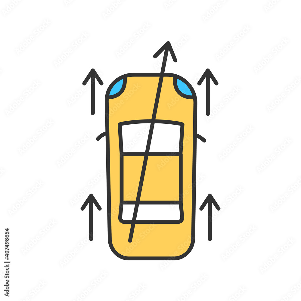 Steering alignment RGB color icon. Car garage service. Road test auto. Suspension inspection. Workshop repair for transport. Machine control. Tire pressure adjusting. Isolated vector illustration Steering alignment RGB color icon. Car garage service. Road test auto. Suspension inspection. Workshop repair for transport. Machine control. Tire pressure adjusting. Isolated vector illustration