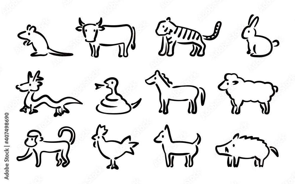 Japanese Zodiac illust Vector Set (Hand-drawn line version)