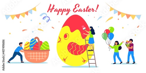 Happy Easter greeting card Vector illustration of tiny family people painting egg together for special spring holiday event in flat cartoon style