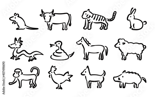 Japanese Zodiac illust Vector Set (Hand-drawn line version)