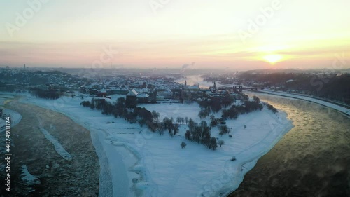 Wallpaper Mural Aerial view of Kaunas city old town between two river in early morning sunrise in winter time. Torontodigital.ca