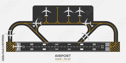 Top view of airport runway and taxi way with airplane, vector illustration photo