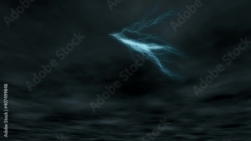 Dark and dramatic storm clouds overhead with multiple lightning bolts illuminating the sky.