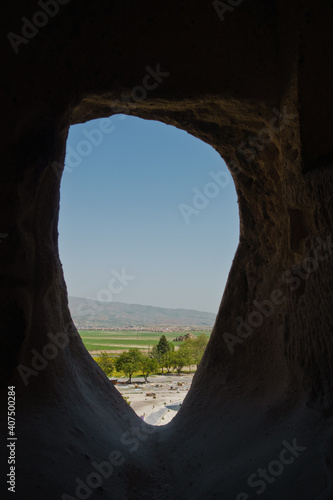Detail from carved stone caves in magnificent stone structures near Goreme, Cappadocia, Anatolia, Turkey
