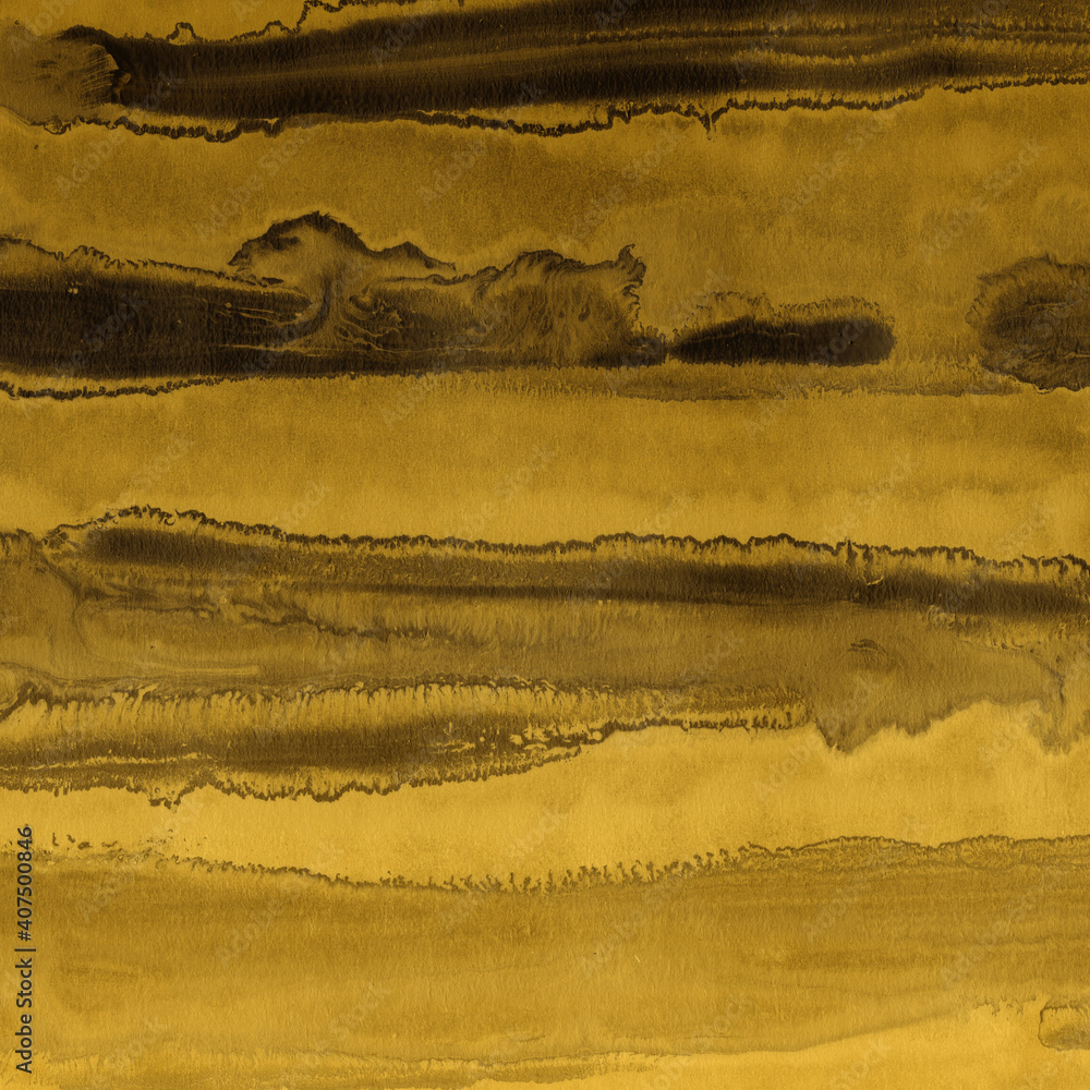 Naklejka premium Gold ink and watercolor texture on white paper background. Gradient paint strokes and decalcomania effect. Hand-painted gouache abstract image. Mess on the canvas.