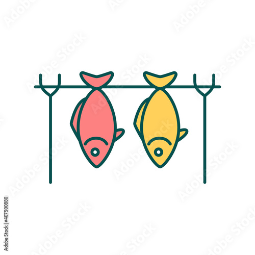Hot smoked fish RGB color icon. Restaurant menu. Cafe culinary. Cold smoked tuna. Barbeque for seafood. Dried steak. Mackerel for dinner. Marine foodstuff. Isolated vector illustration