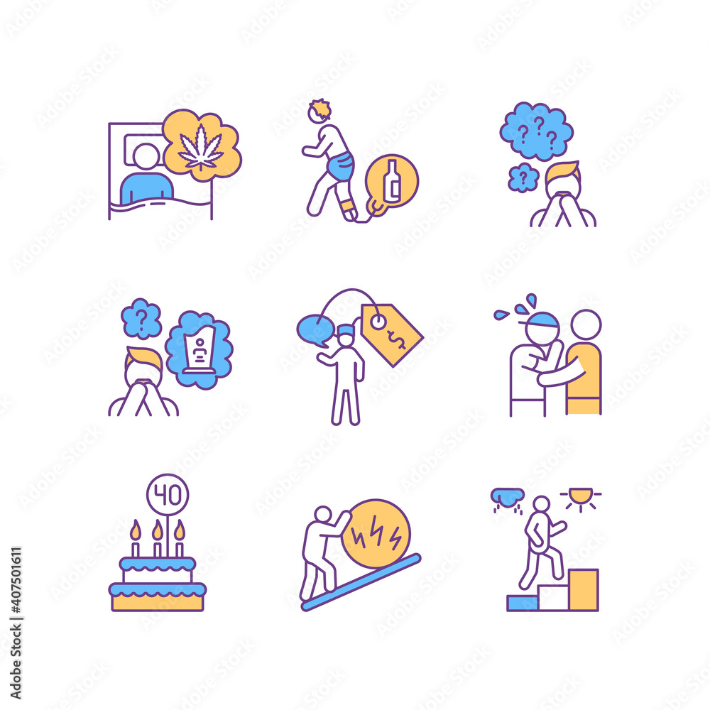 Mental health RGB color icons set. Drug addiction. Cannabis obsession. Alcoholism, alcoholic rehabilitation. Anxiety and stress. Worry about dying. Psychotherapy session. Isolated vector illustrations Mental health RGB color icons set. Drug addiction. Cannabis obsession. Alcoholism, alcoholic rehabilitation. Anxiety and stress. Worry about dying. Psychotherapy session. Isolated vector illustrations
