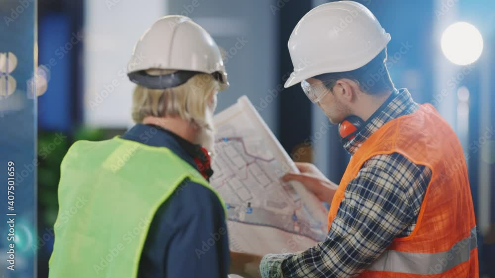 Couple of Old and Young Engineers Examining Building Plan for New Contemporary Building. Two Diverse Heavy Industry Workers Collaborating at Unfinished Interior. Couple of Old and Young Engineers Examining Building Plan for New Contemporary Building. Two Diverse Heavy Industry Workers Collaborating at Unfinished Interior.
