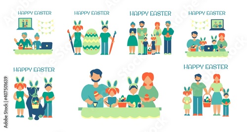 Easter card set Family celebrate easter together and through video call Set of vector flat ilusstrations