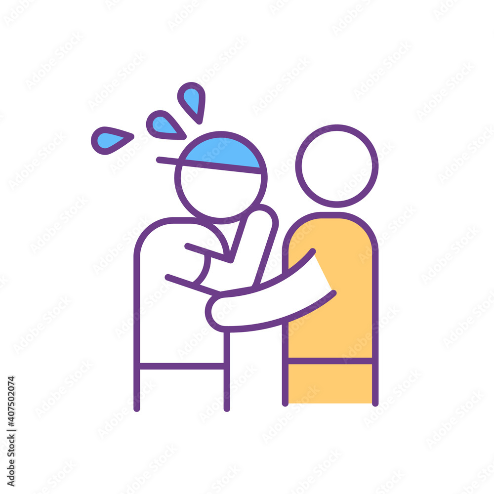Mental breakdown, man crying RGB color icon. Friend help with stress and anxiety. Psychological trauma. Feeling sad and depressed. Counseling and psychotherapy. Isolated vector illustration Mental breakdown, man crying RGB color icon. Friend help with stress and anxiety. Psychological trauma. Feeling sad and depressed. Counseling and psychotherapy. Isolated vector illustration