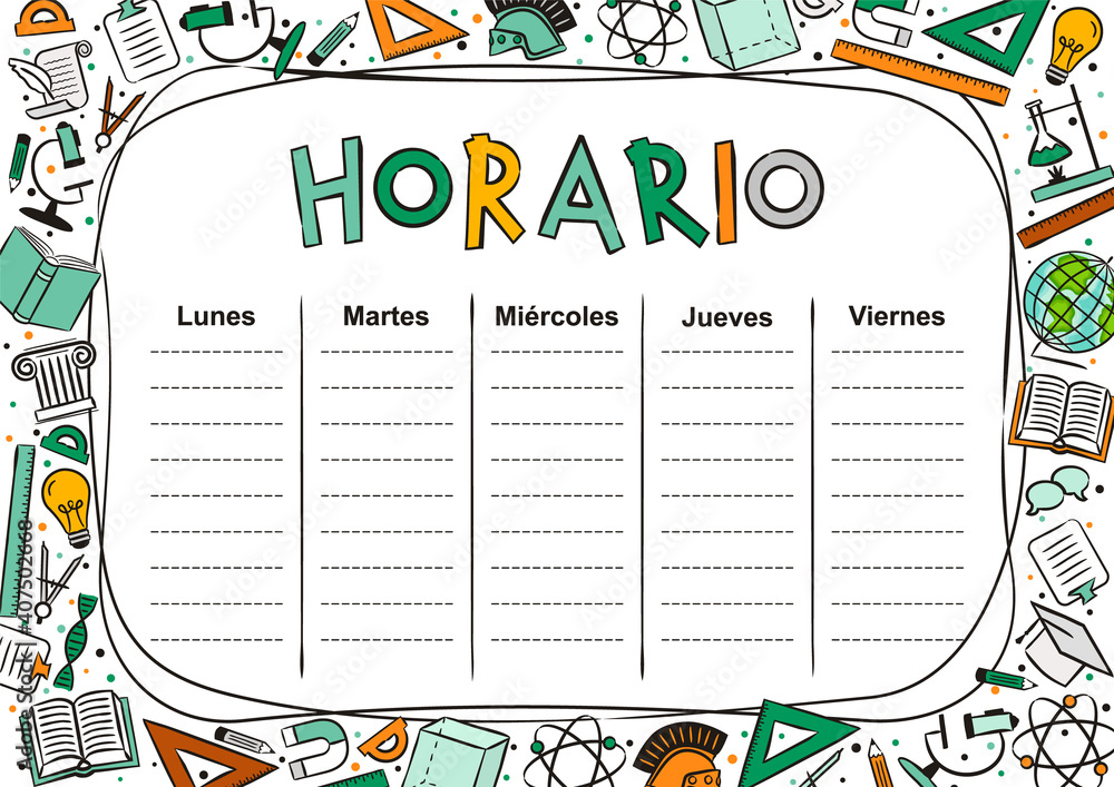 Spanish Kids Template Of A School Schedule For 5 Days Of The Week For