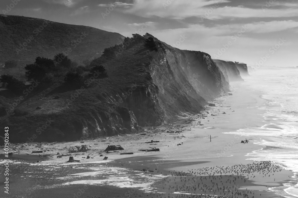 San Gregorio State Beach.  Dramatic coastline windy surf view.  California, USA, Earth. Monochrome.