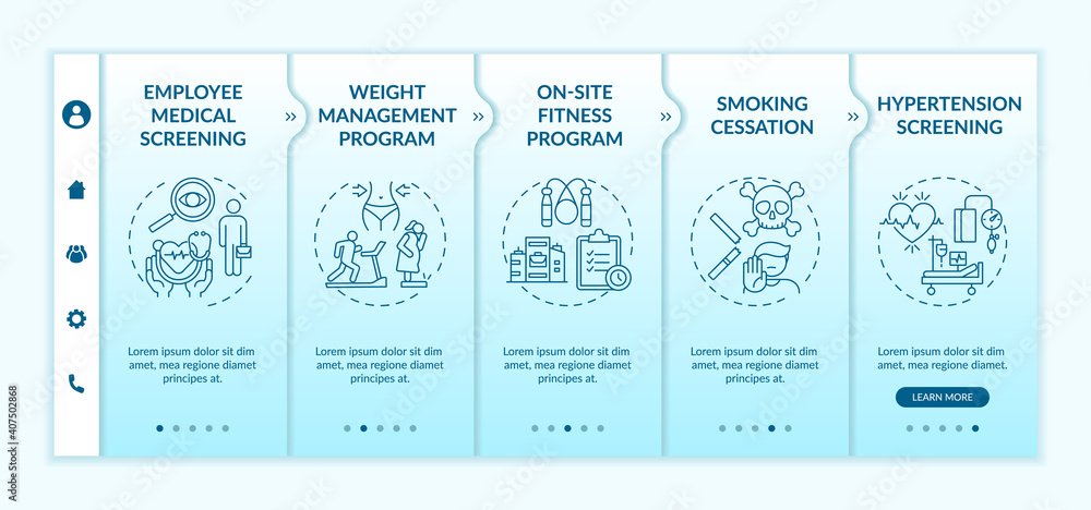 Top corporate wellbeing programs onboarding vector template. Weight management. Smoking cessation. Responsive mobile website with icons. Webpage walkthrough step screens. RGB color concept