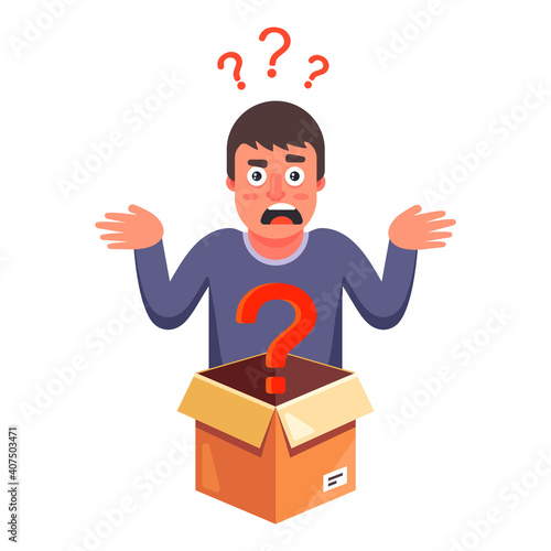 the person does not know what is inside the cardboard box. flat vector character illustration.