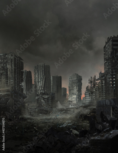 Digital illustration of a lifeless ruined cityscape