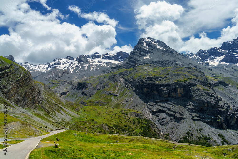 Fototapeta premium Mountain landscape along the road to Stelvio pass (Lombardy) at summer