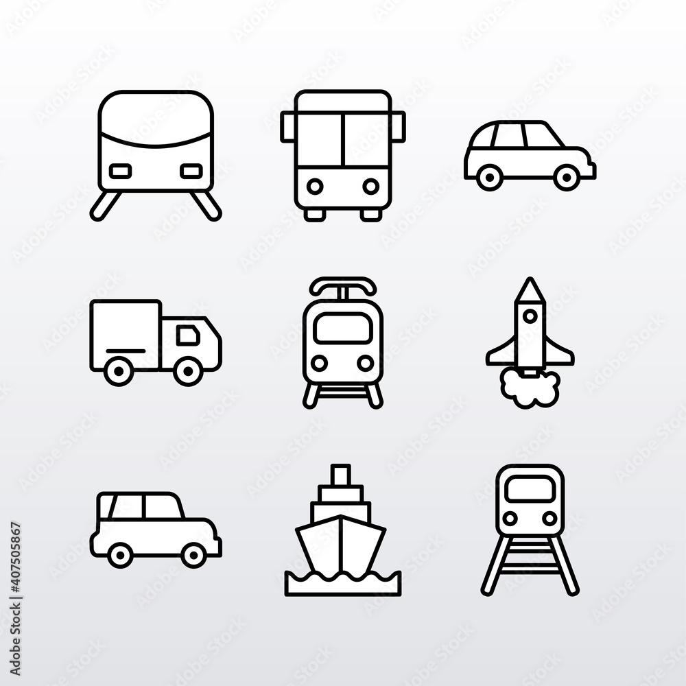 bundle of nine conveyance transport line style set icons bundle of nine conveyance transport line style set icons